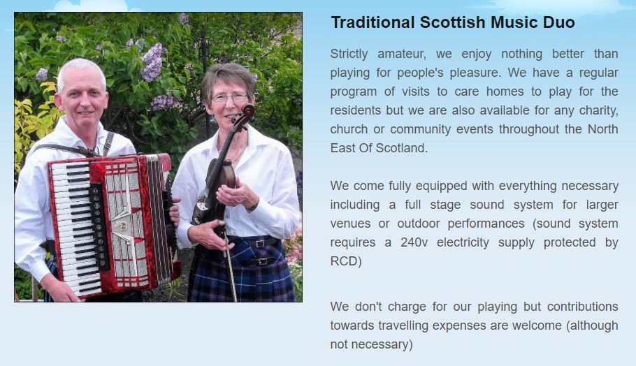 We are available to play (for free) at Charity, Community and Church Events in NE Scotland. Further information on jomarnicmusic.com