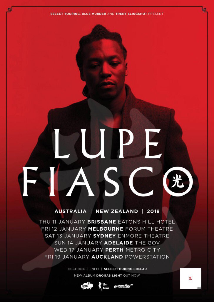 LupeFiasco's tweet photo. Get Tickets To My Upcoming 2018 Australia &amp; New Zealand Tour Now! 
https://t.co/QrHU4ChOkp https://t.co/MvxJlQ9HIa