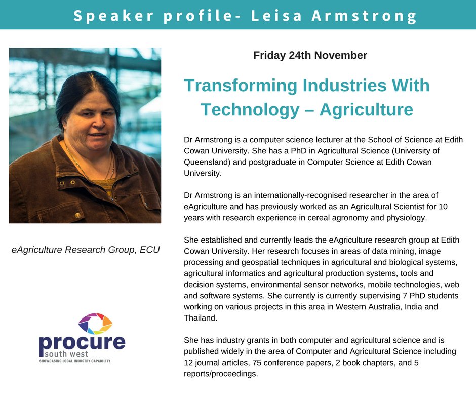 ProcureSW's tweet photo. Work in #Agriculture &amp; want to learn the latest technology or how to break into the industry with your tech product? Learn from Dr @leisaarmstrong e-Agriculture, @EdithCowanUni, Dr Kamal Alameh - Electron Science, ECU &amp; Jenni Franceschi  Fresh Produce Alliance on Fri. #procuresw https://t.co/jyEFfy5dGC
