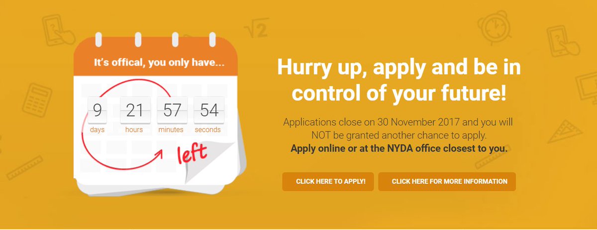 NYDARSA's tweet photo. #NSFAS2018
Applications for 2018 academic year close on 30 November 2017. You have 9 DAYS LEFT!
Have you submitted your @Mynsfas application yet? Avoid disappointments and apply ONLINE or MANUALLY at: https://t.co/U9IaI1T3qu https://t.co/us921u3Sur