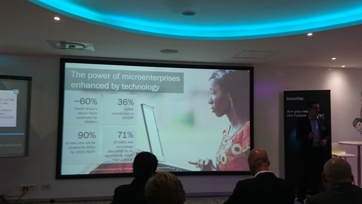 DeanoWorks's tweet photo. Valter Adao "job creation will be driven by SME's who leverage new technologies" #DeloitteFutureofWork @DeloitteSA @ITNewsAfrica https://t.co/84L8158u5R