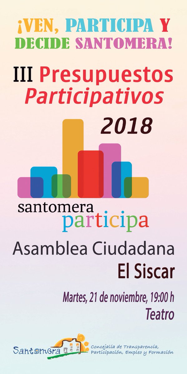 santomeradecide's tweet photo. Esta tarde, a las 19h, en el Teatro de El Siscar, tendrá lugar la segunda Asamblea de los Presupuestos Participativos.
¿Qué propuestas tienes para mejorar El Siscar?
¡Te esperamos!
#SantomeraParticipa https://t.co/LNYdK9lu6a