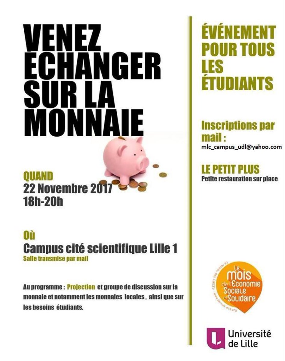 Garrido_Sarah's tweet photo. C'est demain à 18h sur l'@Univ_Lille1 !
Événement fait par et pour les étudiant.e.s sur la monnaie local !
#SEESS 
#MoisESS17 
#MoisESS https://t.co/XFcIrkNm2C