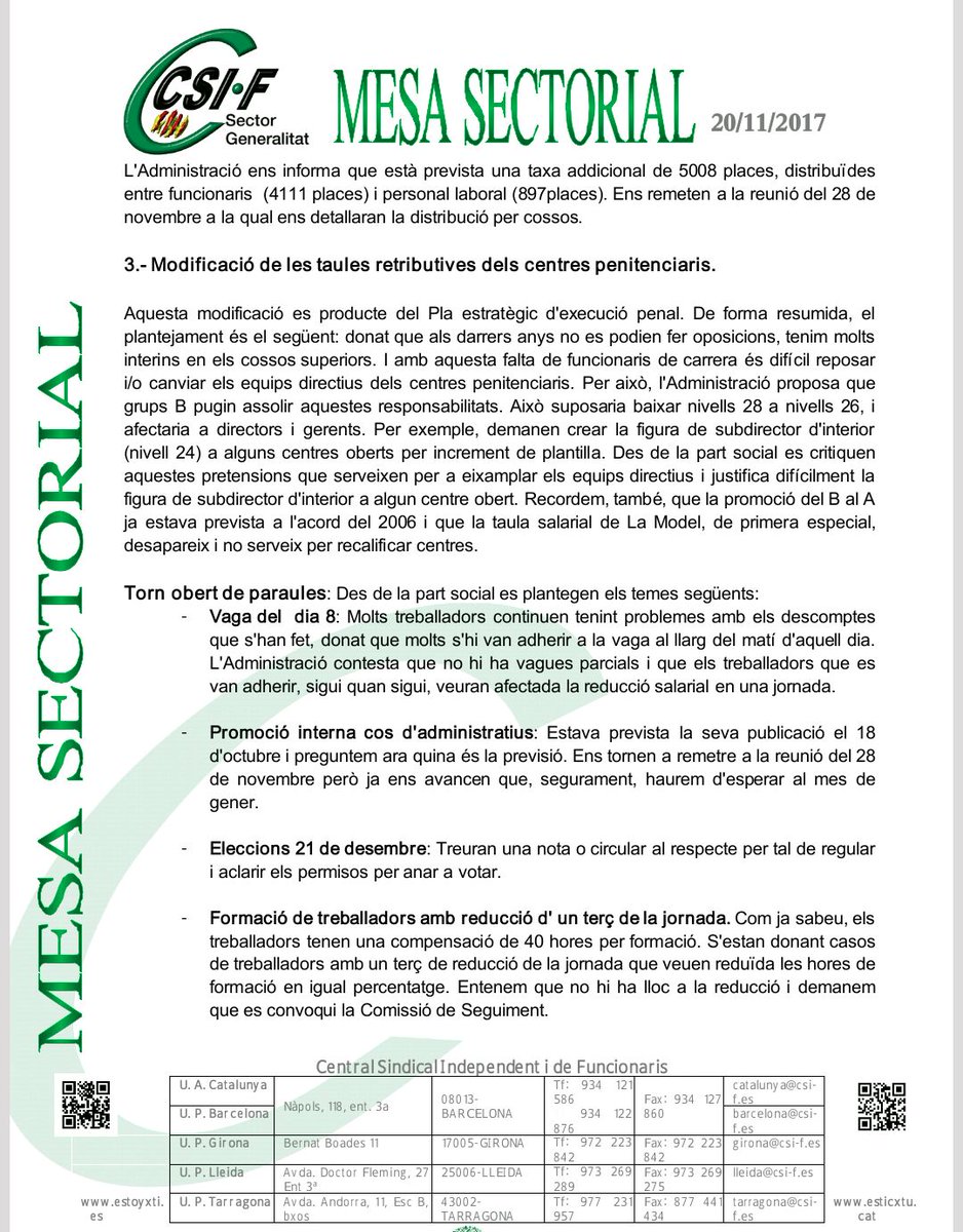 csifautonomic's tweet photo. Resum Mesa Sectorial 20/11/17 #soc #rcg #CSIF #presons #retribucions #pesco #empleatspublics https://t.co/ldn1Gnbg2P