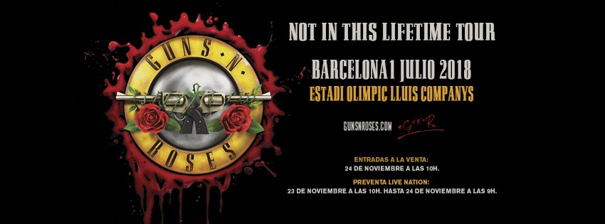 RockZone's tweet photo. ¿Pensando en ir al concierto de @gunsnroses en #Barcelona ?
Entradas a la venta el 24N a las 10h y preventa de @LiveNationES el 23N a las 10h (hasta 24 de noviembre a las 9h).
https://t.co/clRMAuixqC
#notinthislifetour #gunsnroses https://t.co/26ZdYrBBGt