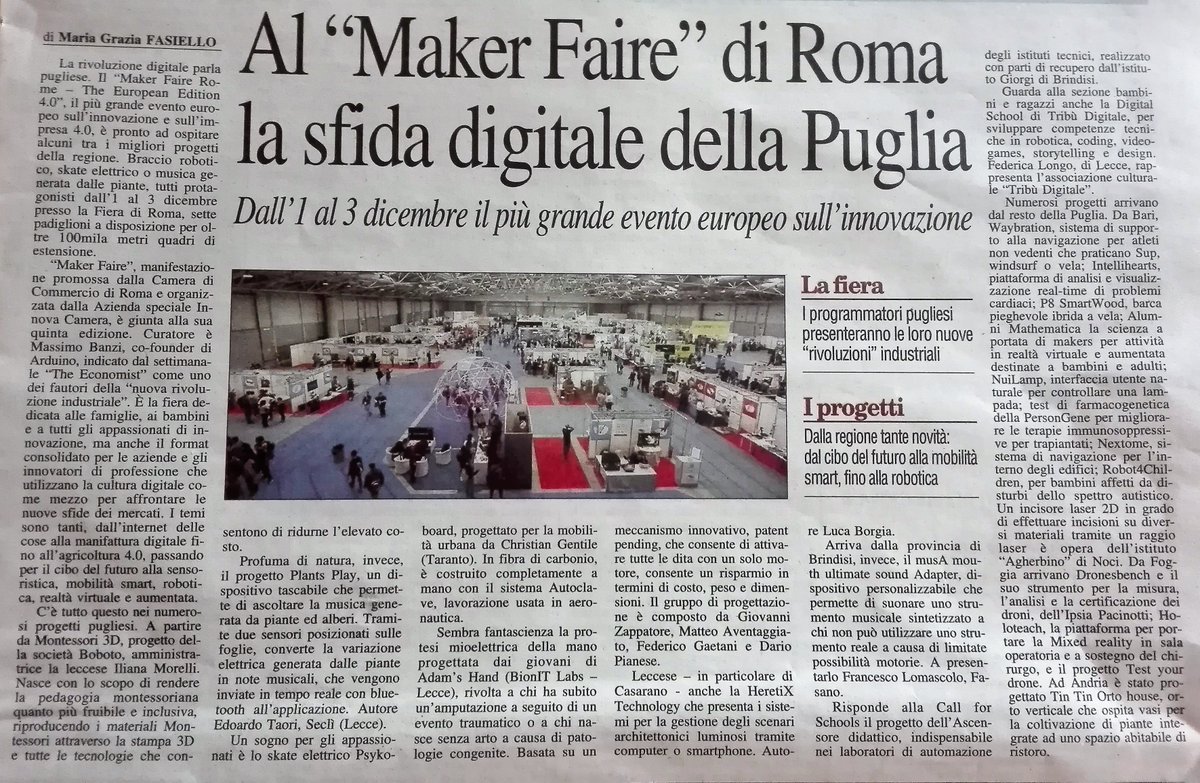 BionITLabs's tweet photo. Anche Adam's Hand sul @Quoti_Puglia insieme alle tante realtà pugliesi che saranno presenti a @MakerFaireRome!

Passate a trovarci dall'1 al 3 dicembre, non ve ne pentirete!

 #AdamsHand #news #MFR17 #NuovoQuotidianoDiPuglia https://t.co/q3I9yk1N8u