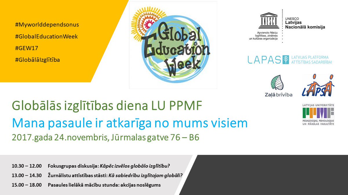 Glokalizacija's tweet photo. Globālās izglītības diena @LU_PPMF jau piektdien! Ja vēlies piedalīties un saņemt apliecinājumu, savu dalību piereģistrē šeit: https://t.co/ge24Fsiocv @ZalaBriviba @LAPAS_LV @UNESCO_LNK @SINPPMF #GlobālāIzglītība #Myworlddependsonus #GlobalEducationWeek #GEW17 https://t.co/Cr1GmK3Wny
