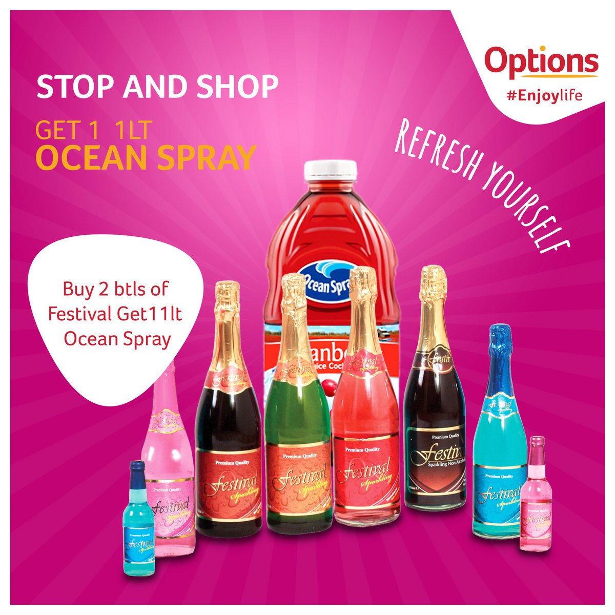 optionsmartgh's tweet photo. We’re giving you a litter of Ocean Spray beverage for FREE anytime you buy 2 bottles of Festival champagne🍾. As cool as it sounds, this offer ends on the 31st of November in all Options Mart shops. #discountsale #stopandshop #familymoments #enjoylife

#OptionsMart, enjoy life! https://t.co/2AxjOXALDG