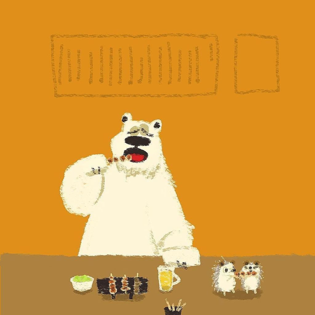 트위터의 Jerky 님 昨日焼き鳥を食べたのに もう食べたい だれか Illust Illustration Art Polarbear Hedgehog イラスト シロクマ ホッキョクグマ ハリネズミ 焼き鳥