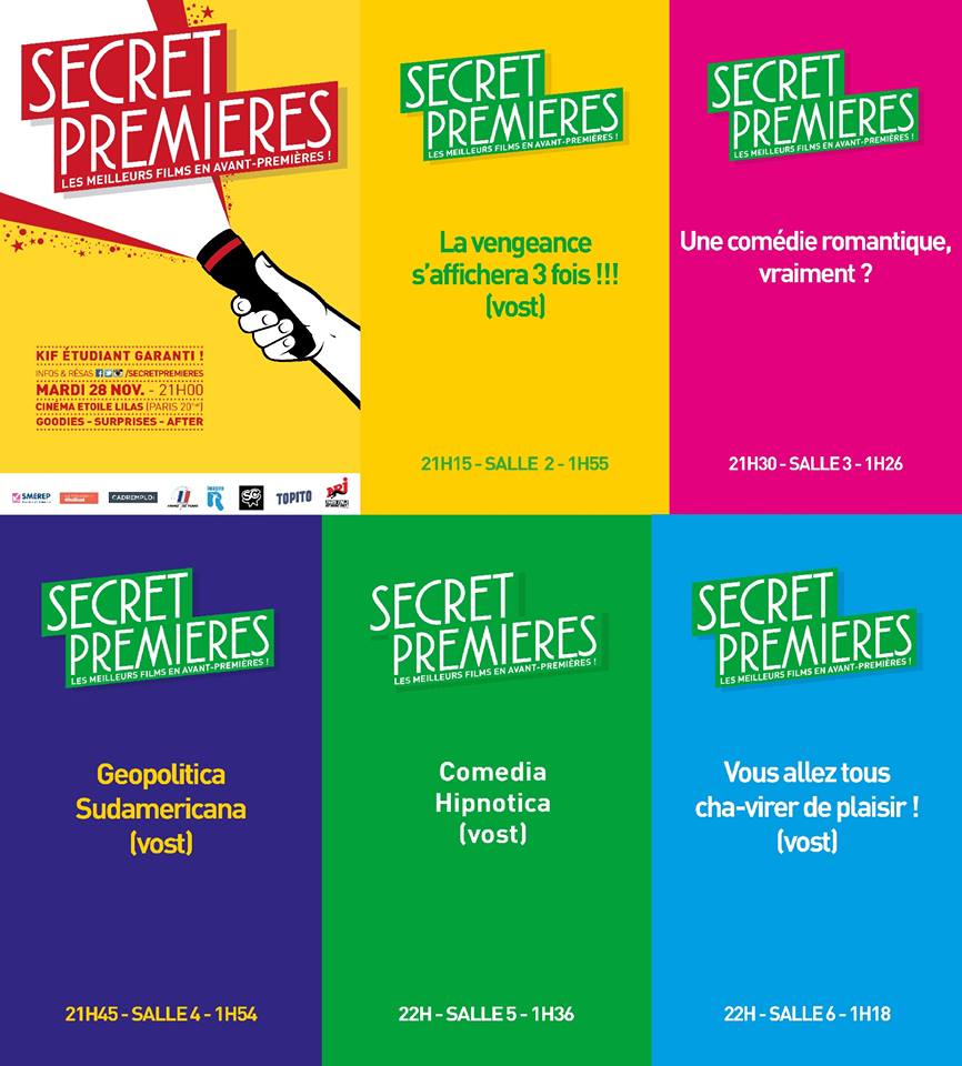#SECRETPREMIERES le retour du festival des #avp secrètes à #EtoileLilas ! 
Mardi 28 novembre, dès 21h avec pas moins de 5 films ?
Lequel choisirez-vous ??!
<a href="/secretpremieres/">Secret Premieres</a> 
>>> bit.ly/2AZKpXZ
