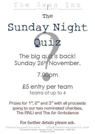 thehanleyswan's tweet photo. THE BIG QUIZ - Its back this Sunday. Come and put your grey matter to the test. #pubquiz  #quiz #Sundaynight https://t.co/r3eSJJUahj