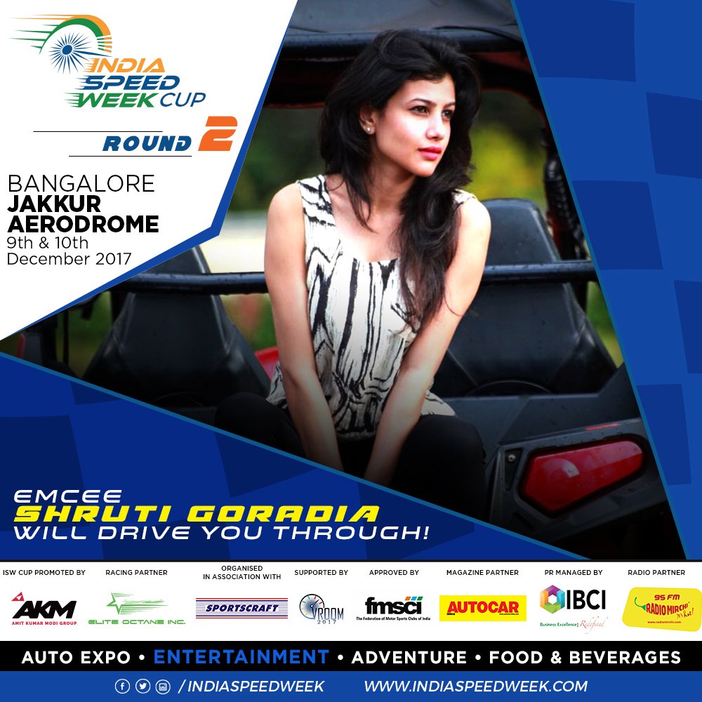 indiaspeedweek's tweet photo. Emcee, Shruti Goradia is all set to drive you through #IndiaSpeedWeekRound2 - Jakkur Aerodrome, Bangalore on 9th &amp; 10th December 2017. https://t.co/SRPBgBtFYS