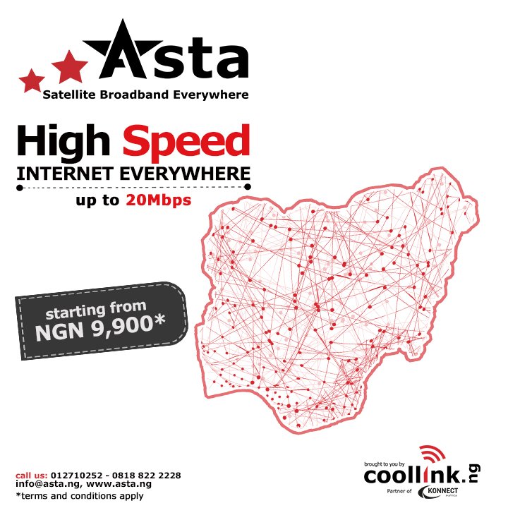 mycoollink's tweet photo. Asta! the new satellite broadband! Highspeed everywhere in Nigeria! https://t.co/EexRgsonHu. Up to #20Mbps download speeds #astalaunching #highspeed #reliable #satellite #broadband #kaband #nigeria #naija #download #datarollover #freenightbrowsing #RuralConnectivity #coollink https://t.co/Cms2Zoyjck