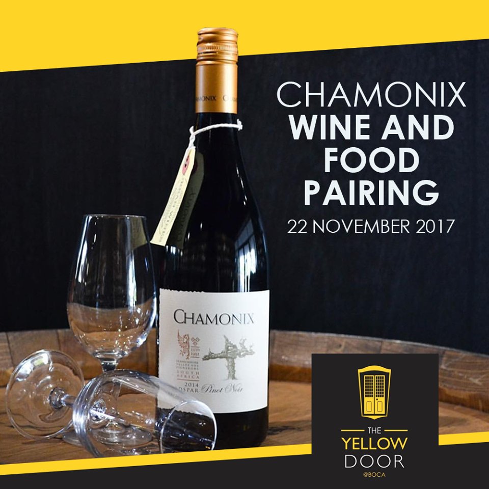 Chamonix Wine Farm (@chamonixwine) on Twitter photo For only R300, join us tomorrow evening at The Yellow Door at Boca for a mouth-watering 5 course food and wine pairing. Spacing is limited. Book now!
contact Lauren on lauren@bocadillos.co.za For only R300, join us tomorrow evening at The Yellow Door at Boca for a mouth-watering 5 course food and wine pairing. Spacing is limited. Book now!
contact Lauren on lauren@bocadillos.co.za