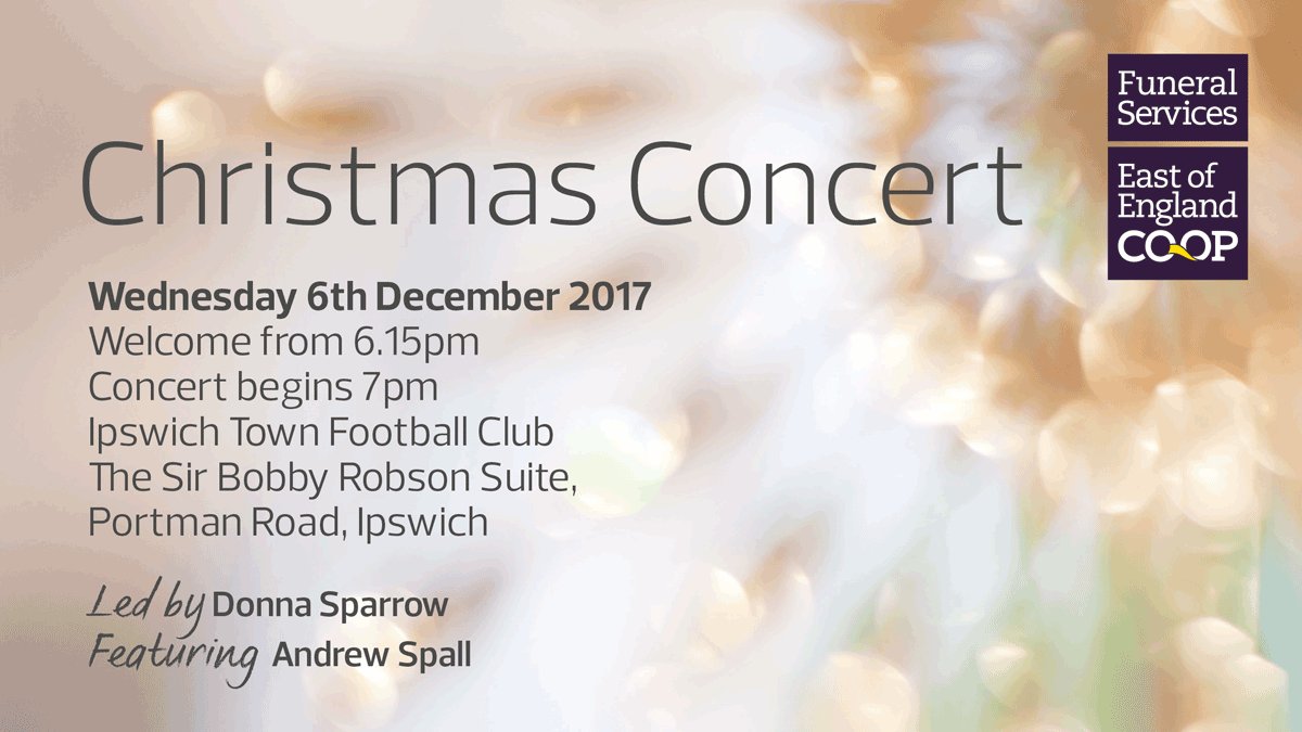 EoECoop's tweet photo. This Christmas the East of England Co-op will be hosting a carol concert on Wednesday 6th December at Sir Bobby Robson Suite at Ipswich Town Football Club, starting at 7pm. Please call 01473 466321 to book your place. https://t.co/VyjedlY3vM
