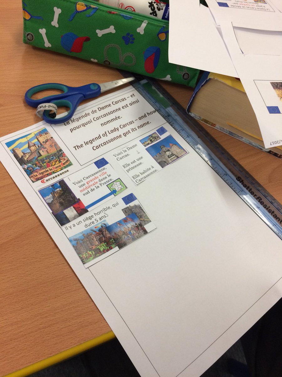 NottsHighIJS's tweet photo. Lovely work from Year 5 yesterday - sequencing the Legend of Lady Carcas after learning about how Carcassonne (according to legend) got its name #mfl #primaryfrench #carcassonne #primaryfrenchproject #erasmus #mythsandlegends #crosscurricular #literacy #storytelling #somuchmore https://t.co/A5HE0YU2MT