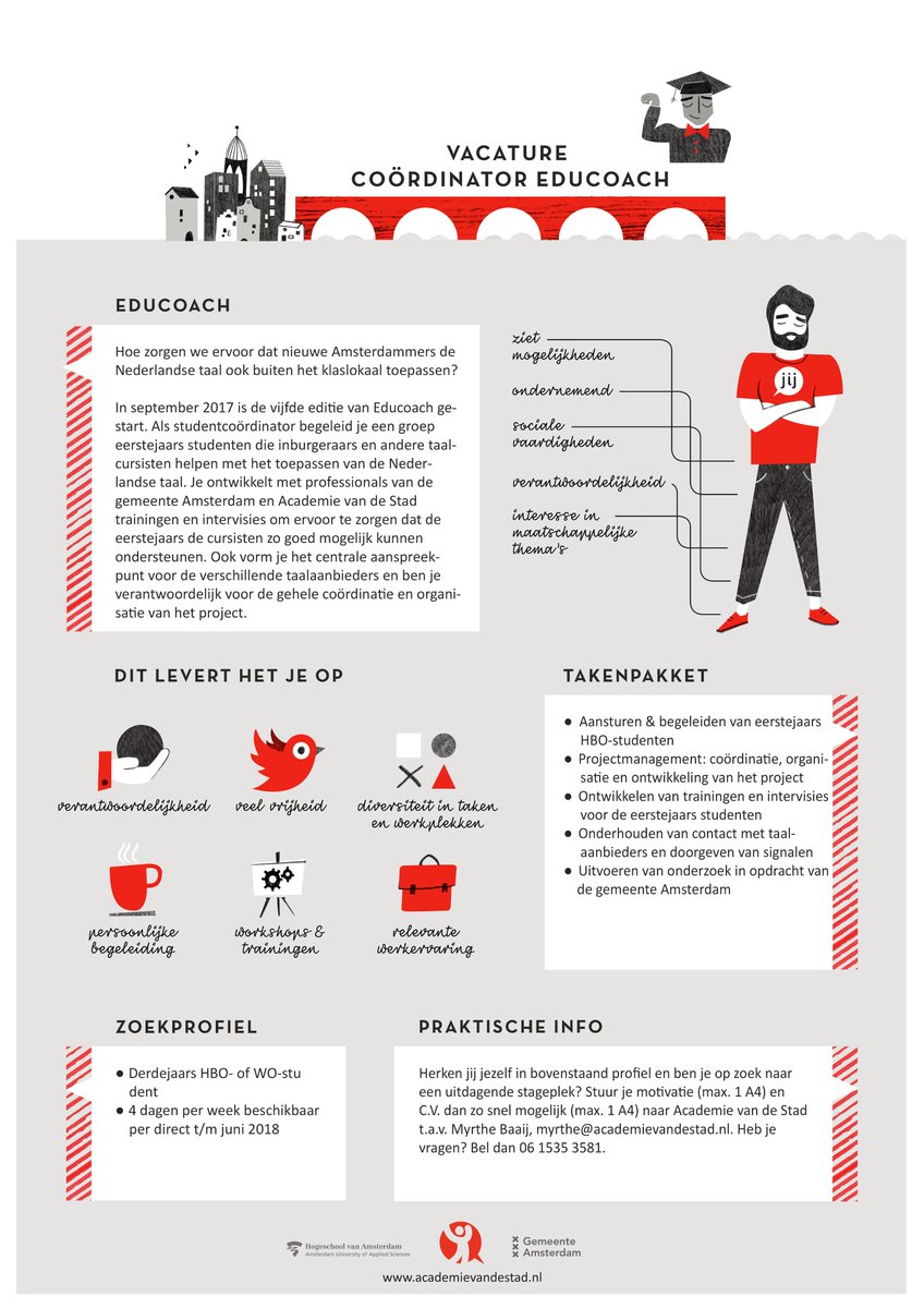 Nog op zoek naar een leuke, uitdagende stageplek? Solliciteer voor ons project Educoach, waarbij je jongerejaars studenten begeleidt en je richt op de taalontwikkeling van nieuwe Amsterdammers! Reageer zsm via academievandestad.nl/stagevacature-…