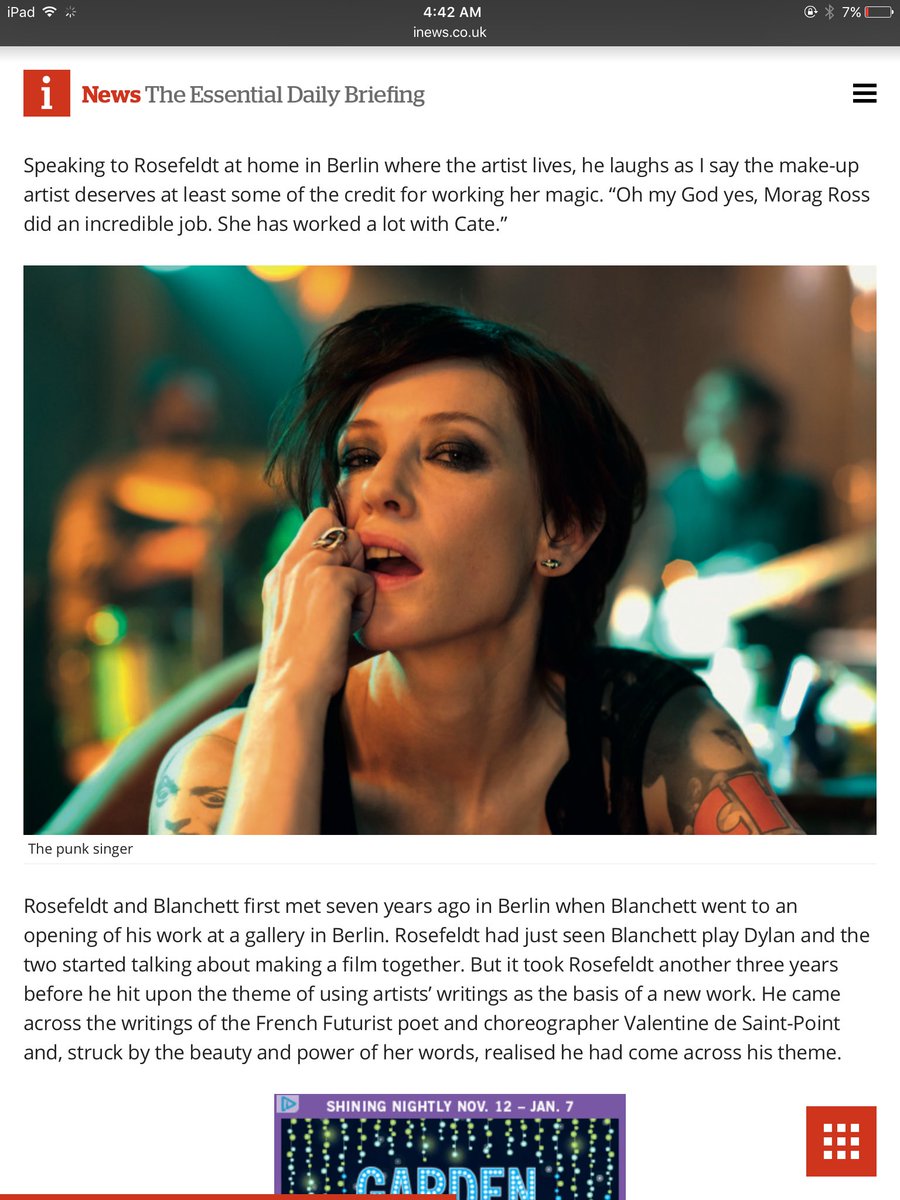 Opens in the UK Nov 24 #Manifesto w #CateBlanchett dir #JulianRosefeldt amazing collaboration - a video installation that is now also a feature film . thanks for the mention #MoragRoss #makeup inews.co.uk