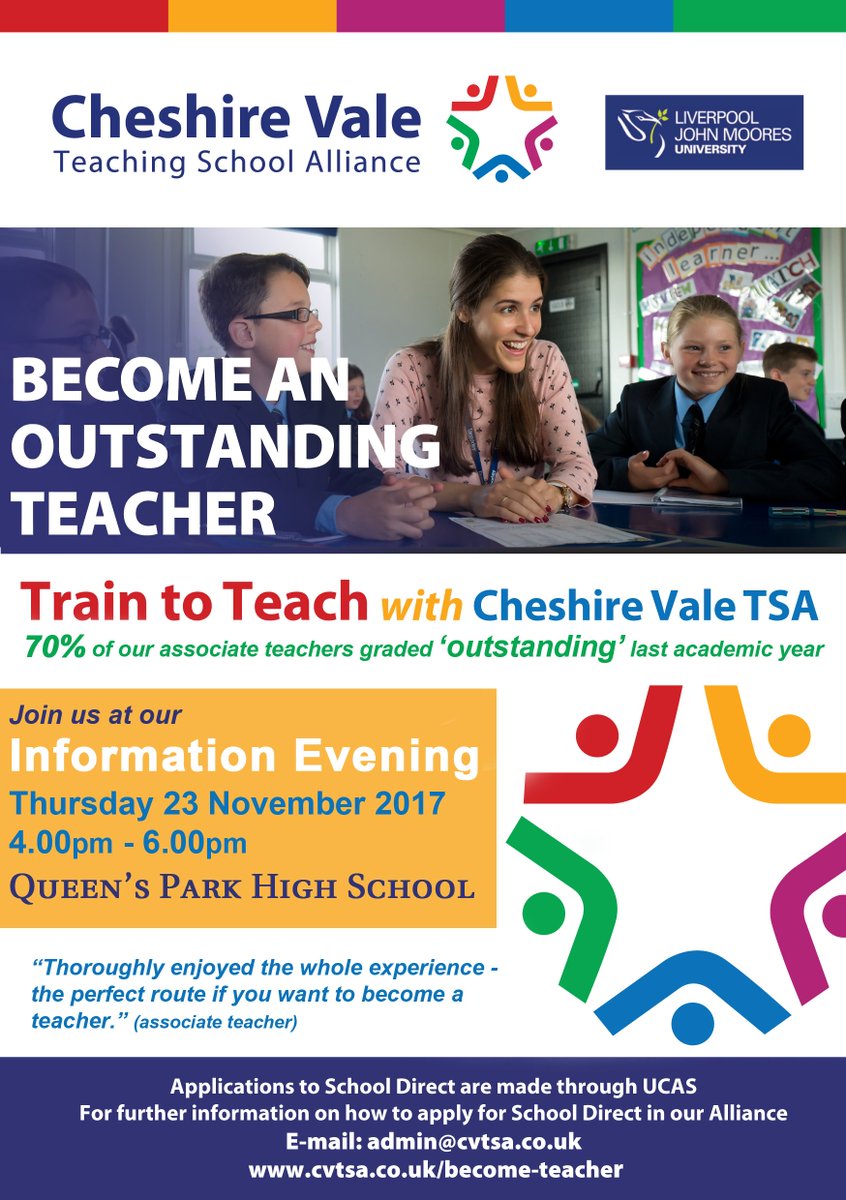 Thinking about teaching? Don't miss this opportunity to come along to our #traintoteach Information Evening  this Thursday 23 November 4pm-6pm &amp; find out more about #schooldirect <a href="/cheshirevaletsa/">Cheshire Vale TSA</a> <a href="/LJMU/">Liverpool John Moores University</a>  #inspirethefuture