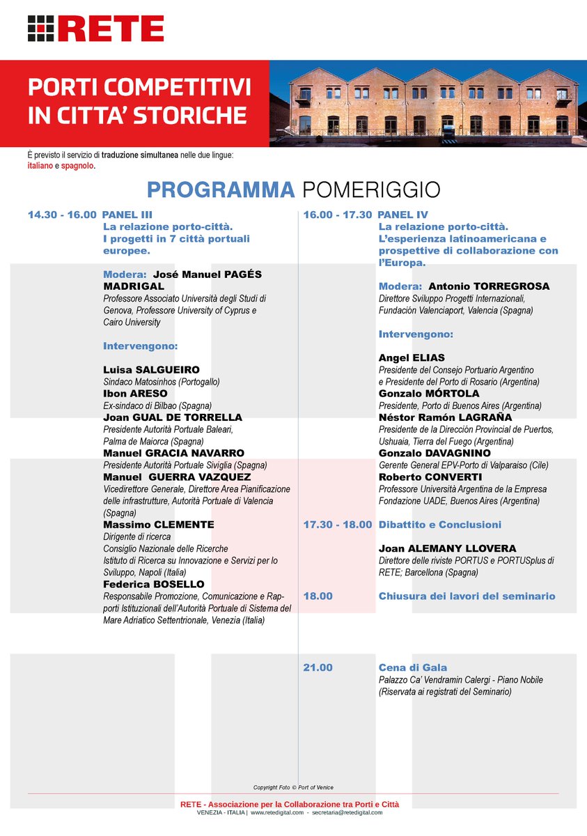 RETE_digital's tweet photo. SAVE THE DATE: Venerdì 1 dicembre VENEZIA - Seminario Internazionale di RETE > "PORTI COMPETITIVI IN CITTA' STORICHE": #cittàporto su #nuoverotte #Mediterraneo #sviluppocompetitivo #relazioneportocittà >> #VeneziaeilSuoPorto #Italia #Spagna #Portogallo #Argentina #Cile https://t.co/en4rATmP1Y
