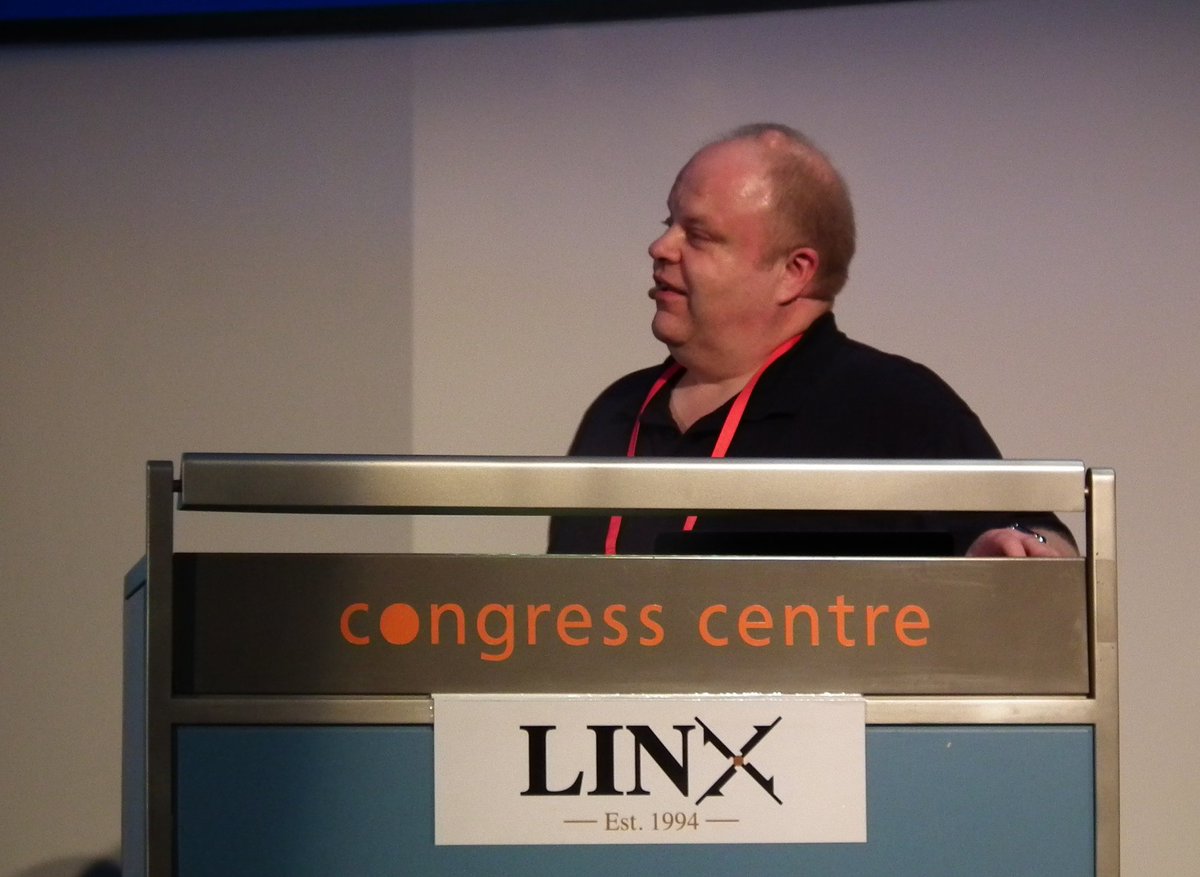 LINX_Network's tweet photo. Welcome to day 2 of #LINX99 - the first presentation of the morning is by LINX Network Manager, @mikehellers, who is covering #LON1 updates, 100G capability at #IXManchester, developments at #IXScotland plus Route Server Prefix Validation https://t.co/A87VnKy4ki