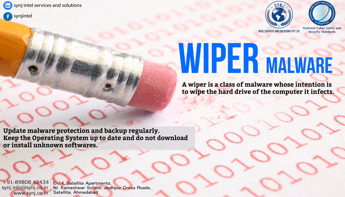 synjintel's tweet photo. Wiper malware so calld bcoz it erases data frm victims’ computr drives.it can b used among cyberwar, cyberterrorism, and cybercrime
BE safe and keep your data secure #wiper #wipermalware #ransomware #CyberSecurity #cyberattacks #SYNJ #NCDS #ncsss #CAP #infosec #cyberawareness https://t.co/E7GEnrgFhq