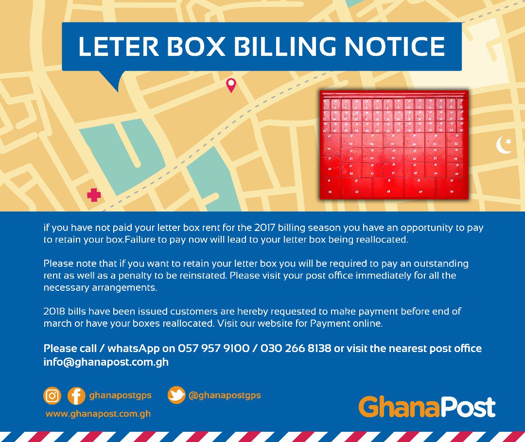 ghanapostgps's tweet photo. Ghana post wishes to inform it's cherished customers the need to pay their letter box rental bills in order not to forfeit it if  they fail to do so......Thank you! https://t.co/fmia0IPD55