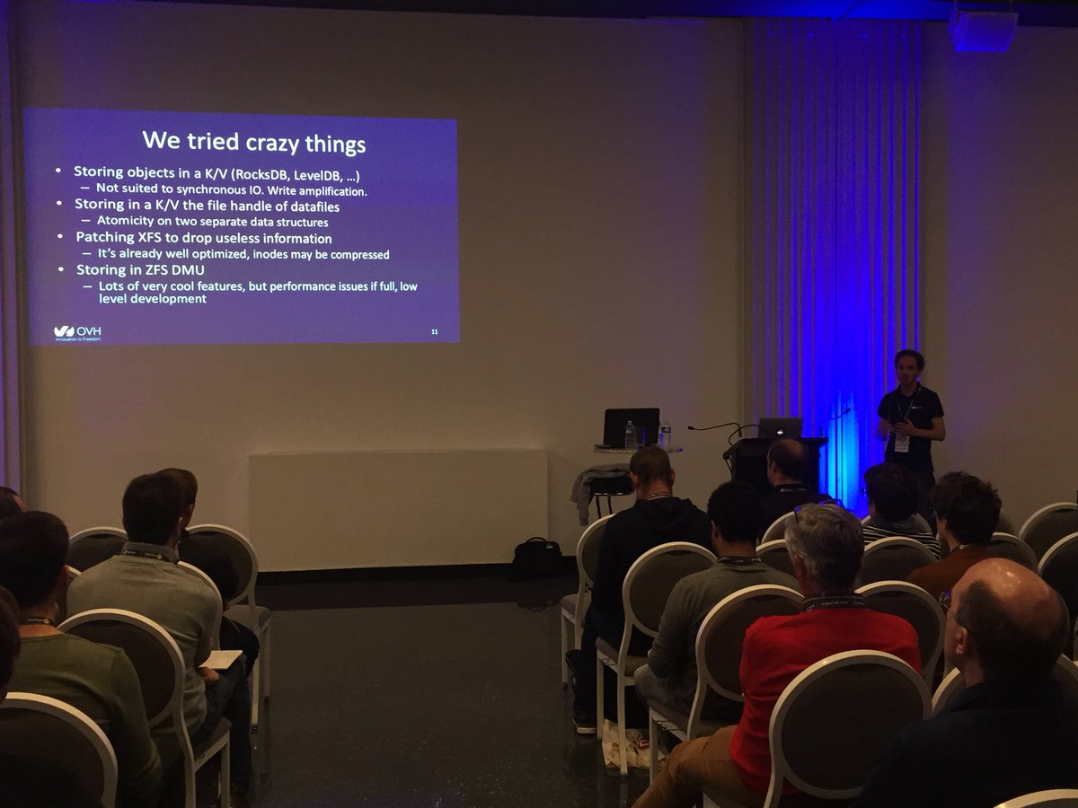 pilgrimstack's tweet photo. 1TB of RAM to manage inodes on large servers is too much.
Let’s drop inodes and find a smart solution. @OVH @OpenStack #OpenStackDayFrance #swift https://t.co/zD8uD2O8ip