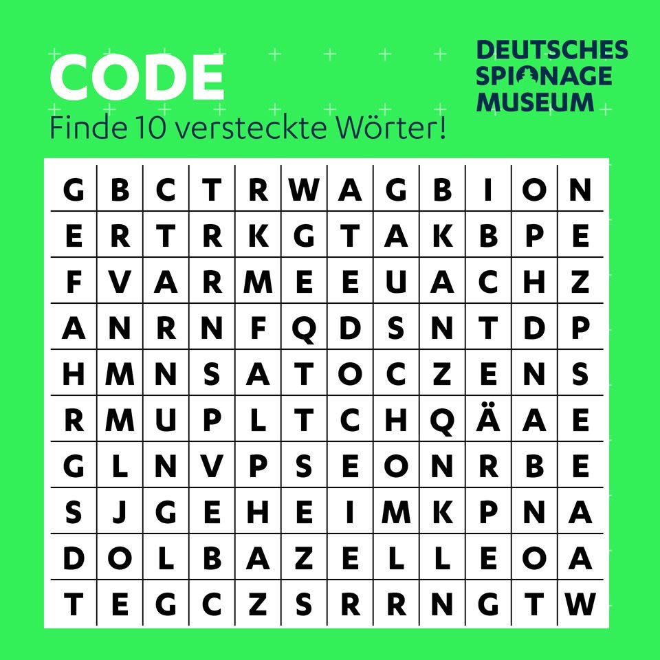 spionagemuseum's tweet photo. Hast du das Zeug zum #Agenten und #Codeknacker? Findest du die 10 geheimen #Wörter? #Wörtergitter #Quiz #Rätsel #Code #Spionagemuseum #Museum #Berlin #PotsdamerPlatz #LeipzigerPlatz https://t.co/HmthME1g2h