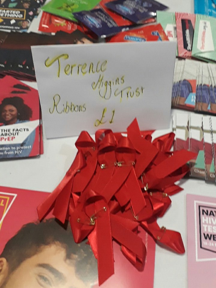 We are also selling ribbons for <a href="/THTorguk/">Terrence Higgins Trust</a> for  £1. #HIVTestingWeek
