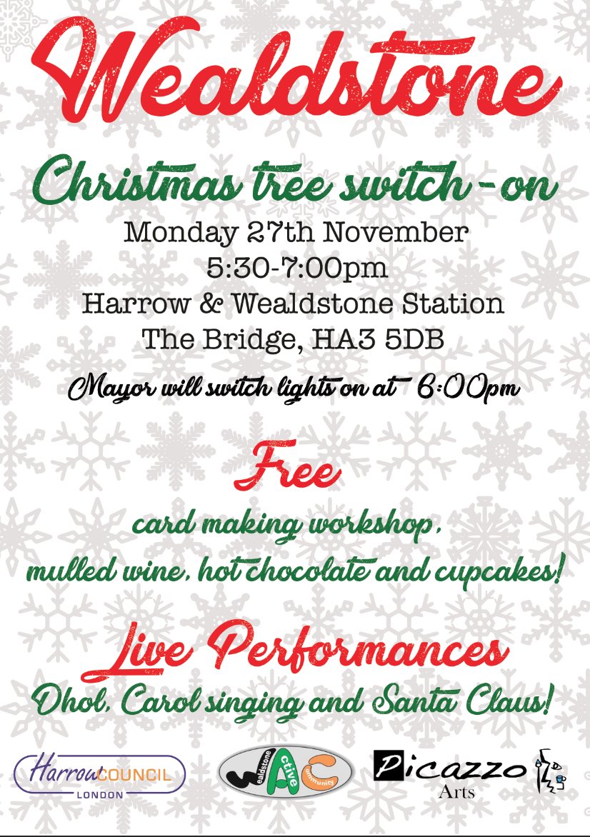 harrow_council's tweet image. Join us in Wealdstone on Mon 27 Nov as the Christmas tree lights are switched on at 6pm.🎄 Carols, hot drinks and a special guest🎅🏻 #wealdstone
