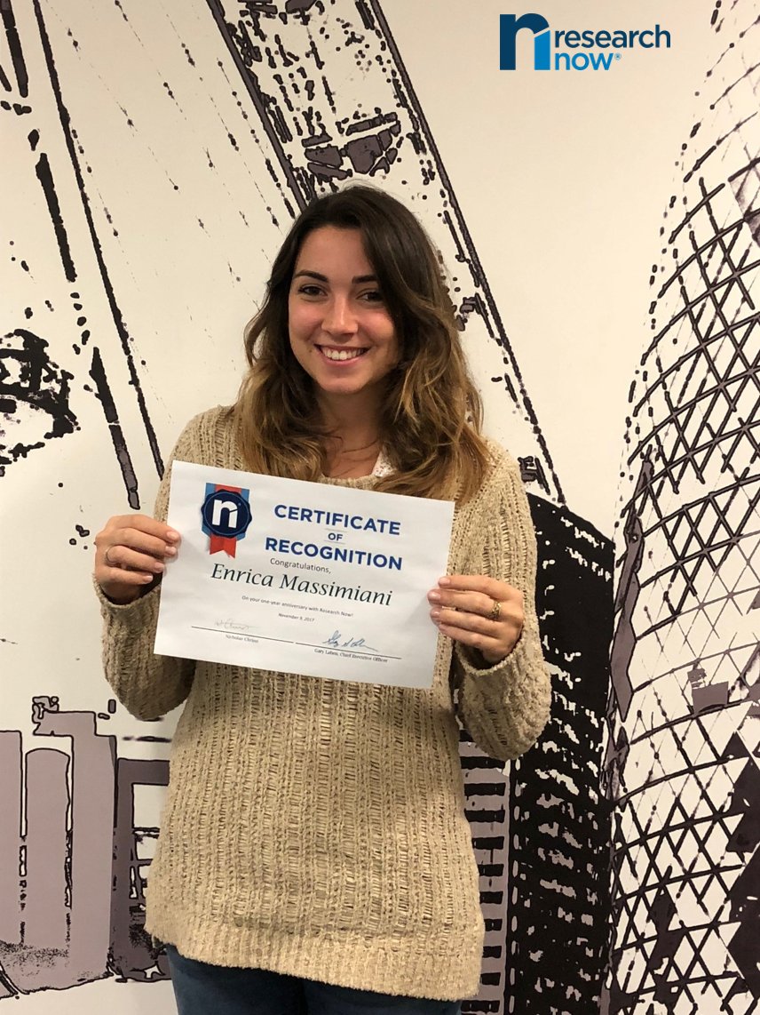 RN_EMEACareers's tweet photo. Congratulations to Enrica Massimiani, our Social Media Executive from the London Office. She has just reached her one year milestone with Research Now! Happy 1 Year Anniversary! #LifeatRN #WorkatRN https://t.co/InYzX14GrY