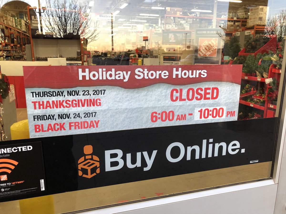 HomeDepot6552's tweet photo. We are closed all day Thursday so our associates can spend the holiday with their families! We will open at 6am Friday for our BLACK FRIDAY extravaganza! #HappyThanksgiving https://t.co/Ro5vd0O5I5
