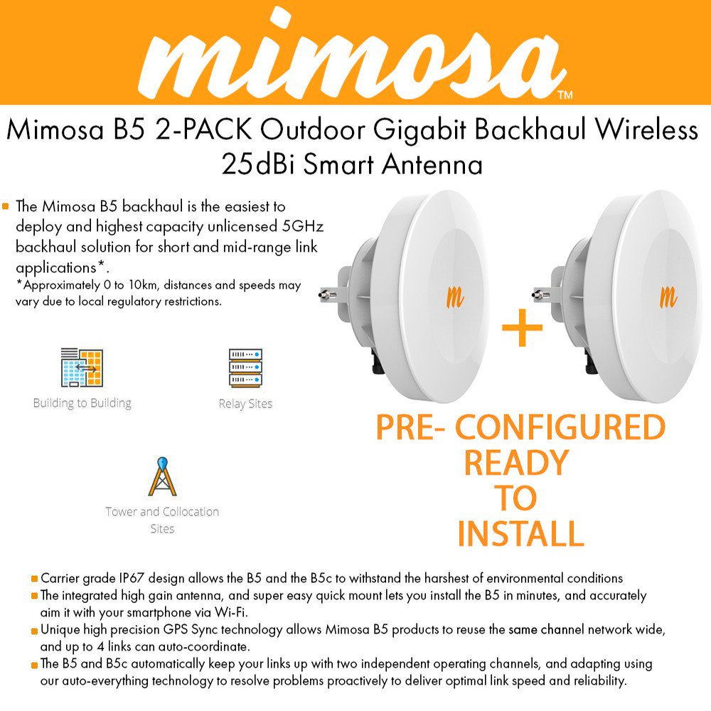 FlytecCompUSA's tweet photo. Mimosa B5 2-UNITS Outdoor Backhaul 11ac 4x4 Bridge Kit Complete Pre-Configured
https://t.co/rhsMtgneOn
@GoMimosa #mimosa #MimosaNetworks #network #networks #pointopoint #Wireless #technology #technews #news #techworld #Backhaul #Backhauldevice #Backhauldevices #device #PreConfig https://t.co/fpwwKqzllX