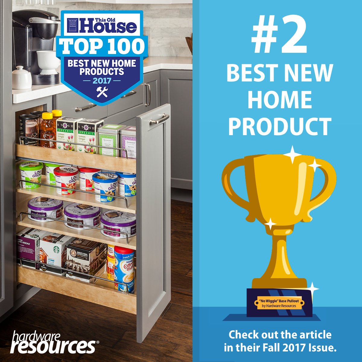 HardwareRes's tweet image. We are excited to announce that our patented “No Wiggle” Cabinet Pullout was selected as one of the Top 100 Best New Home Products in 2017 from This Old House! #thisoldhouse #hardwareresources #top100