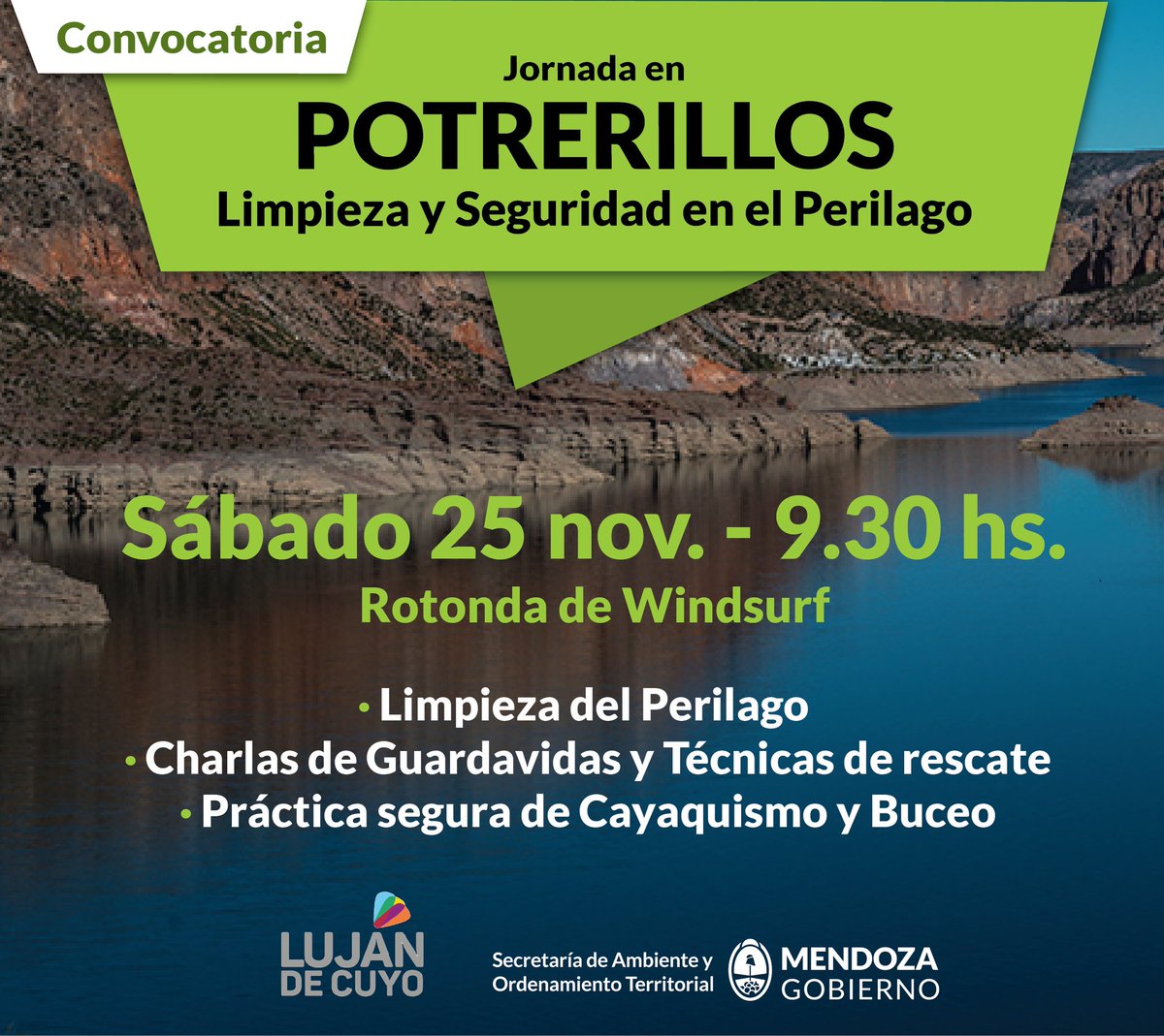MingoranceH's tweet photo. Los esperamos a todos este sábado 25 de noviembre a las 9:30hs en el la rotonda de Windsurf del Perilago de Potrerillos. Juntos realizaremos una limpieza masiva de todo el dique y brindaremos capacitaciones de seguridad náutica. https://t.co/SSB9tH75vJ