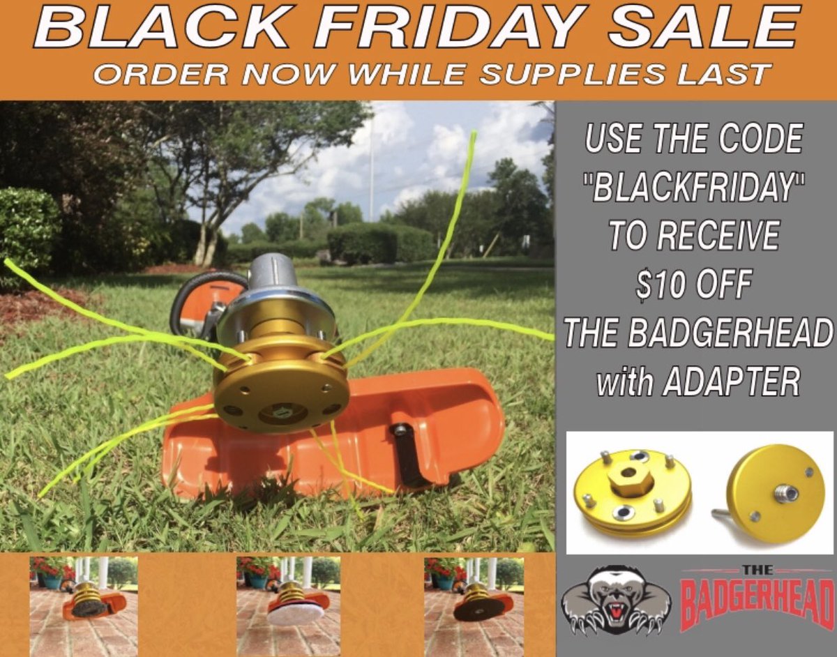 VennovateLabs's tweet photo. Skip the lines Black Friday and order the universal yard tool that gets the job done. Use code BLACKFRIDAY now for $10 off the BadgerHead with Adapter kit set. #blackfriday #tools #innovation #yardwork #badgerhead https://t.co/JPshy6mnC8
