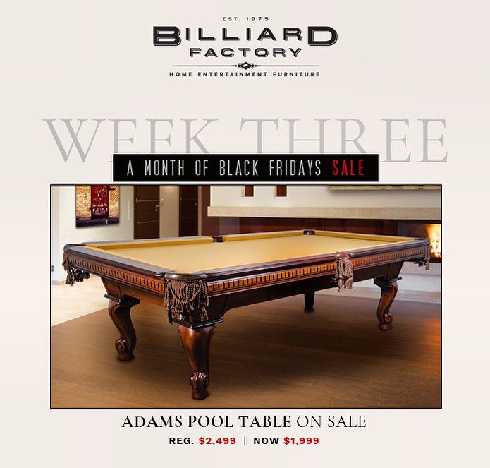BilliardFactory's tweet photo. The Billiard Factory Adams pool table! Exclusively sold during our month of Black Friday Sale! No more searching for the perfect family gift idea!
🎱
•
🎱
•
🎱
•
#BlackFriday #pooltables #billiardfactory #familyentertainment #houstongamers #poolplayers #pooltable #8ball https://t.co/SilSDs2DhQ