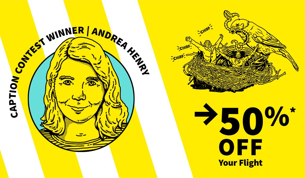 SpiritAirlines's tweet photo. Andrea Henry won us over for last month's #SpiritCaptions contest. She really gets it, that other airlines' "free" stuff actually worms its way into their fares. But we think today’s deal might win YOU over. Get clever and book it; https://t.co/h5QFgKgwDV https://t.co/PAhLcuGI5S