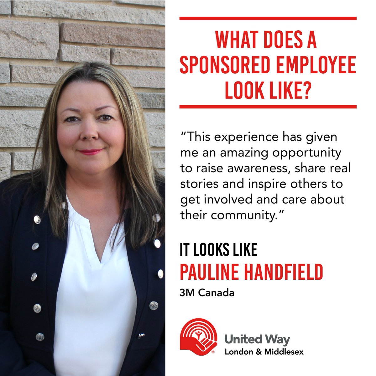 unitedwaylm's tweet photo. Introducing our Sponsored Employee, Pauline Handfield from @3M_Canada! #SESpotlight #LdnOnt #ChangingTheOdds @PAHandfield https://t.co/dQR4k2O1Re