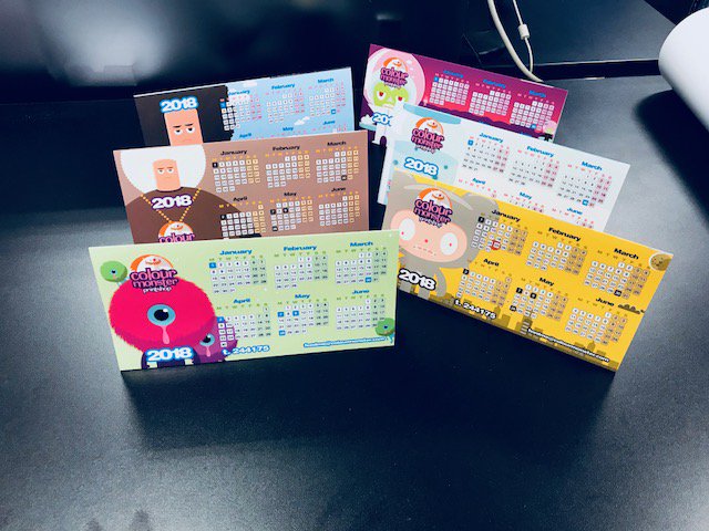 colourmonster's tweet photo. Our 2018 Colour Monster desktop calendars are printed and ready to go! 6 different designs this year ready to brighten your workspace! More than welcome to call in to collect 😀 https://t.co/Ek47ix1shl