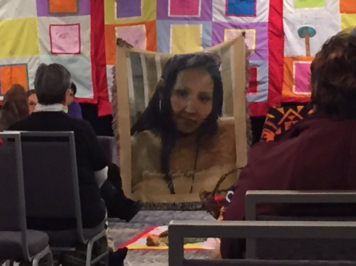 shirlmclean's tweet photo. Tapestry of Nadine Machiskinic died after fallen down a 10 storey laundry shoot at the Delta Regina Hotel. Death ruled accidental even though 2 identified men seen entering hotel elevator with her #MMIWG #saskatoon https://t.co/gxeKvLR8bd