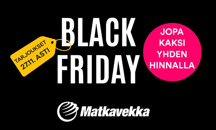 #BlackFriday alkaa nyt! Matkoja jopa 2 yhden hinnalla - jos olet nopea! Valoa marraskuuhun ja uusia tarjouksia päivittäin, katso matkavekka.fi/black-friday #Matkavekka