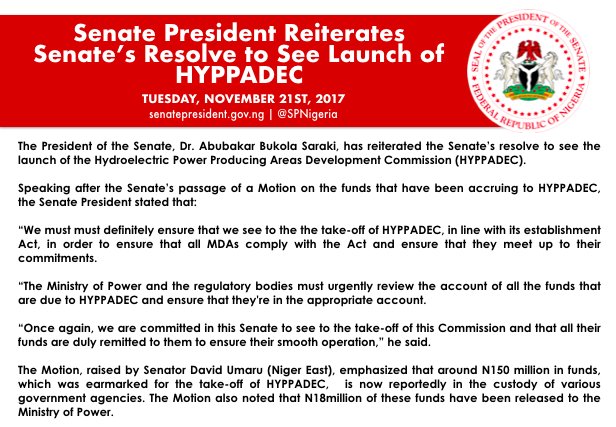 SP8thNGRSenate's tweet photo. UPDATE from the @NGRSenate Floor: 

The @SPNigeria @BukolaSaraki just reiterated @NGRSenate’s resolve to see the launch of the Hydroelectric Power Producing Areas Development Commission (HYPPADEC). https://t.co/cGhlc9CLkm