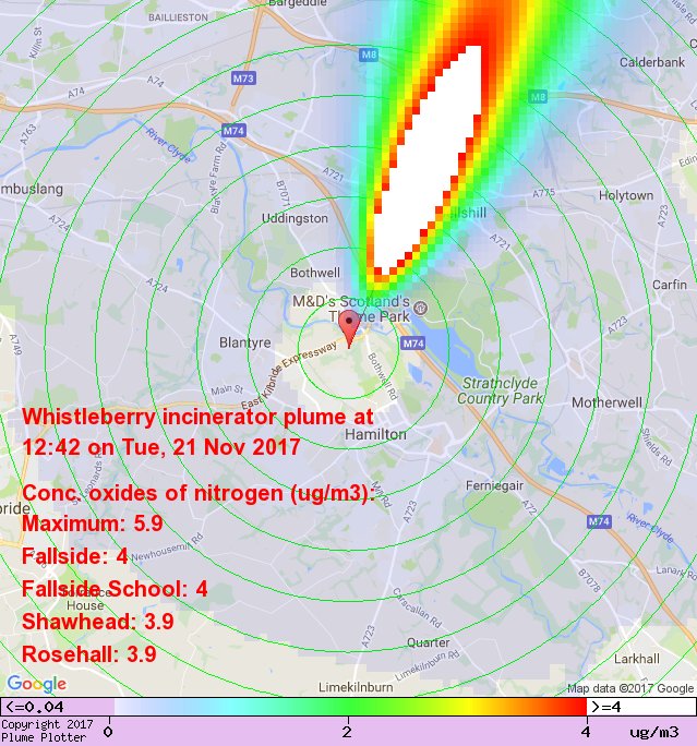 plumeplotter's tweet photo. Latest Whistleberry incinerator plume plot, 12:42 21/11/17 #Fallside #Shawhead #Rosehall https://t.co/wv6uOfJgyP https://t.co/Hd1ddY9fFR