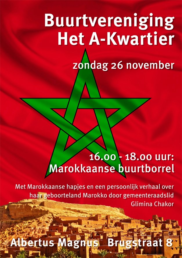 Aanstaande zondag vindt er een buurtborrel plaats op onze sociëteit. Tussen 16:00 en 18:00 uur kunnen buurtbewoners genieten van Marokkaanse hapjes en drankjes. Woont u ook in het A-Kwartier? Kom langs om kennis met elkaar te maken!