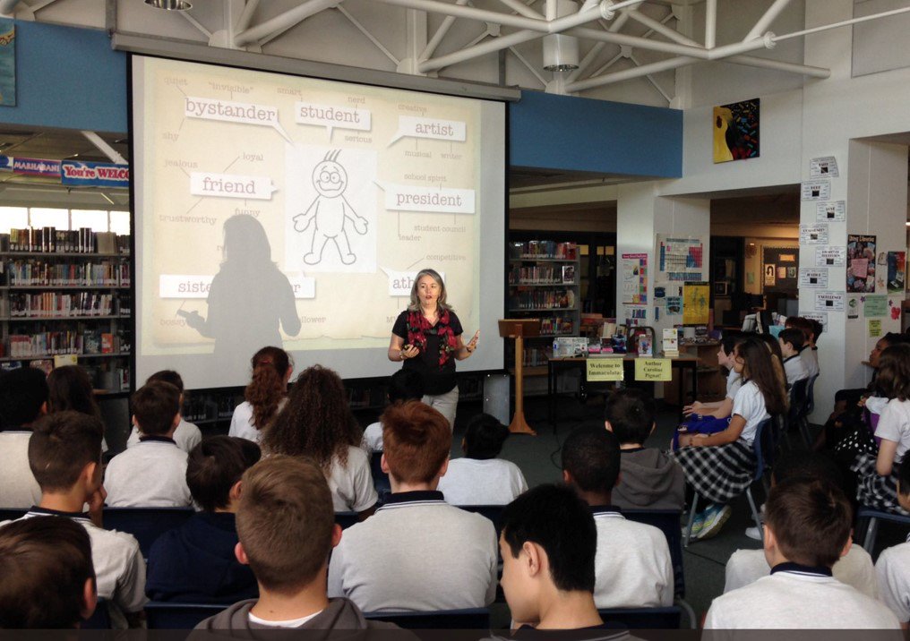 RedDeerPress's tweet photo. “What we read inspires the character we develop in the story we live.” Egghead author @CarolinePignat talks story with grade 7/8 students. #10yearsofEgghead #canlit #ya https://t.co/rmFfUMeDy6