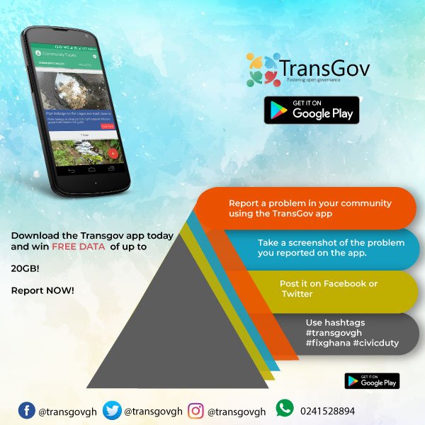 transgovgh's tweet photo. TransGov is a free mobile app that empowers you to report any problem you see in your community to the right authorities so they can come and resolve them. Report a problem today. #transgovgh #civicduty  #fixghana. https://t.co/vwPTCuRyYP