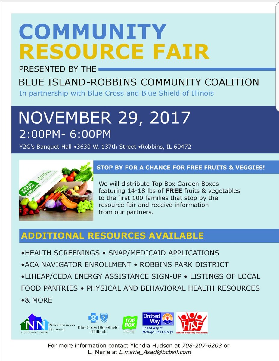 LmarieAsad's tweet photo. We're partnering to provide 14-18lbs of FREE fresh fruit &amp; vegetable boxes to the first 100 families @BIRCommunity "Community Resource Fair", Wed., 11/29, 2-6 p.m. 
#Robbins, Illinois. 
@BCBSIL w/ @topboxfoods https://t.co/KwjBH2hq6d
