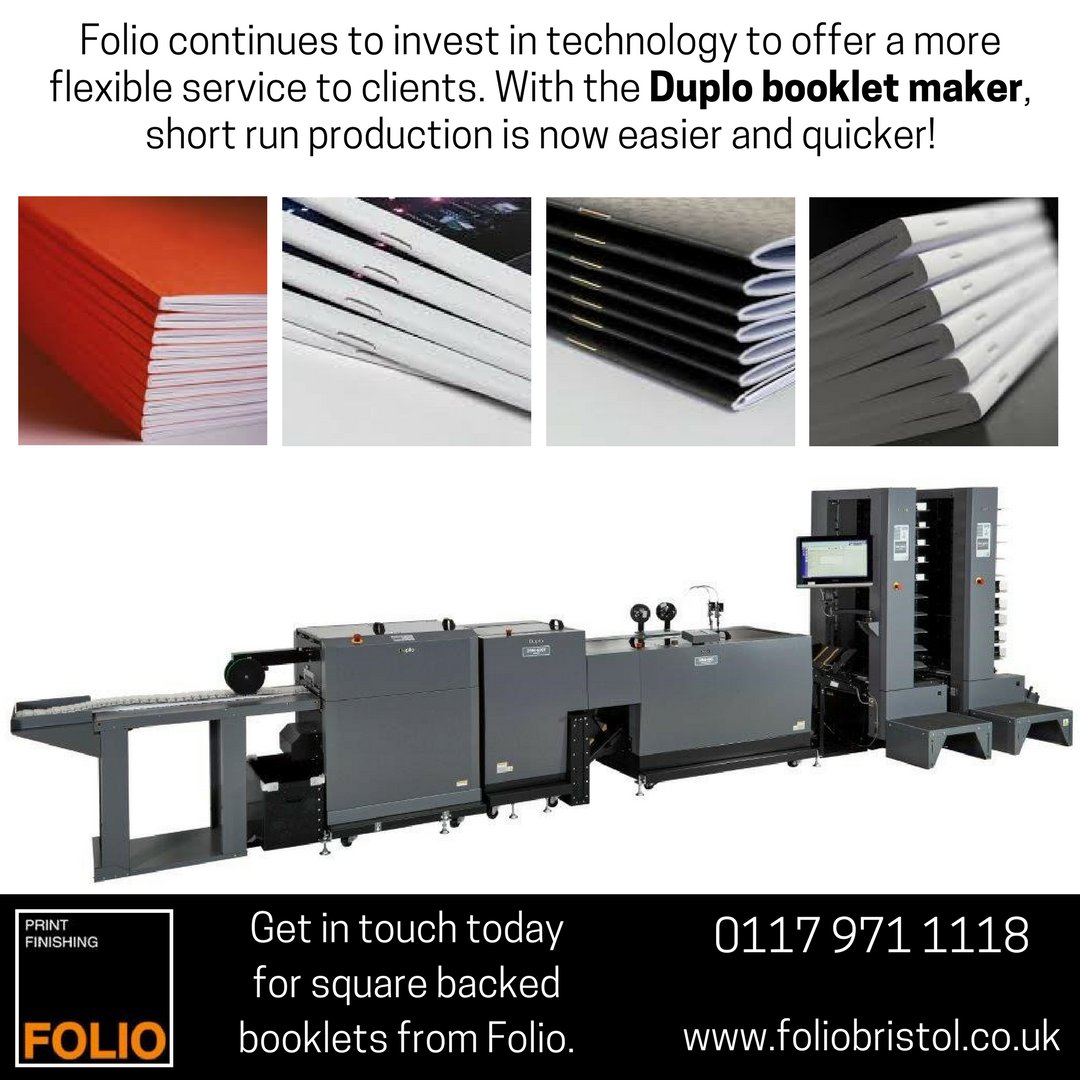 folioprintfin's tweet photo. Folio continues to invest in technology to offer a more flexible service to clients. With the Duplo booklet maker, short run production is now easier and quicker! Square backed booklets from Folio, get in touch today! #PrintFinishing #Bristol https://t.co/aKoX1fVOnS